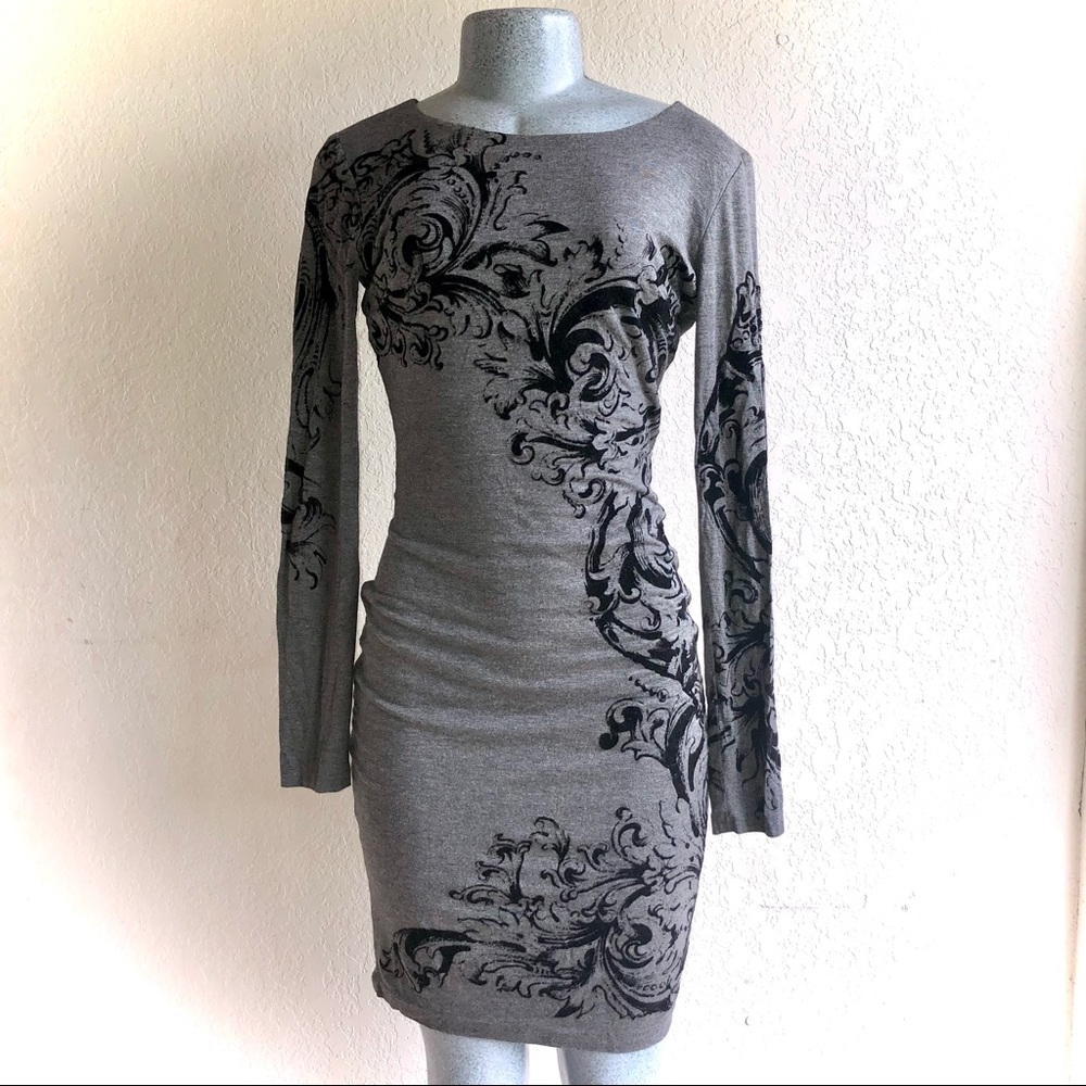 Beautiful Gray Long-Sleeve Bodycon Dress Floral
